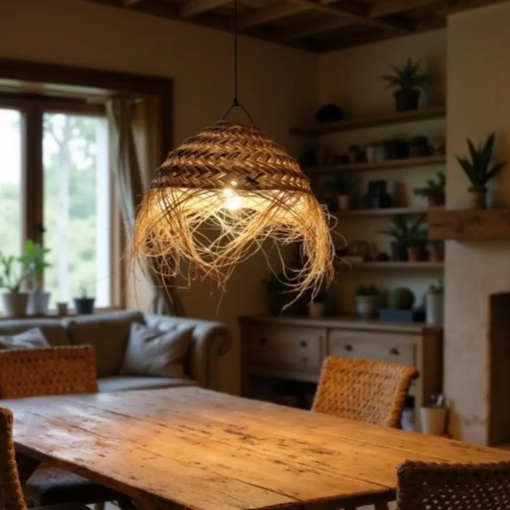 Handwoven Palm Leaf Dome Lampshade – Artisanal Boho Pendant Light image 3