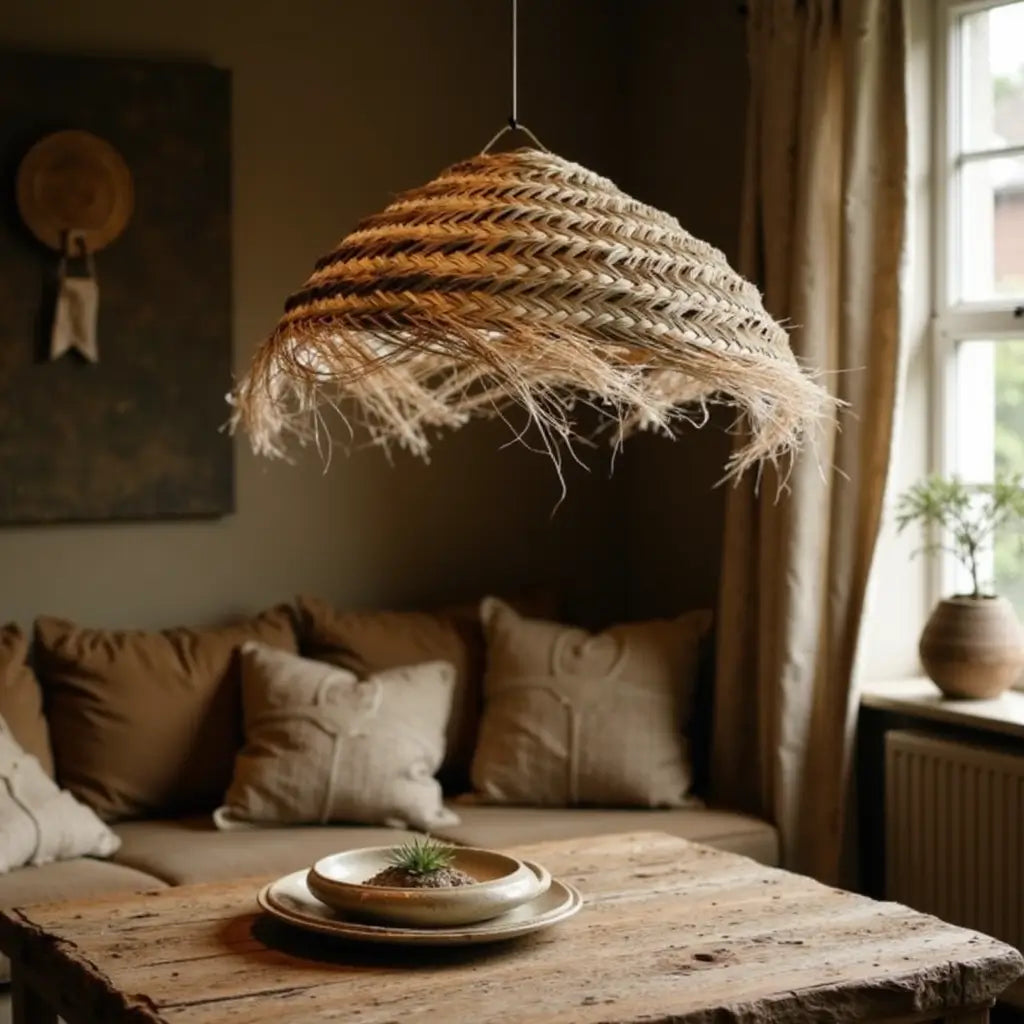 Handwoven Palm Leaf Dome Lampshade – Artisanal Boho Pendant Light image 10