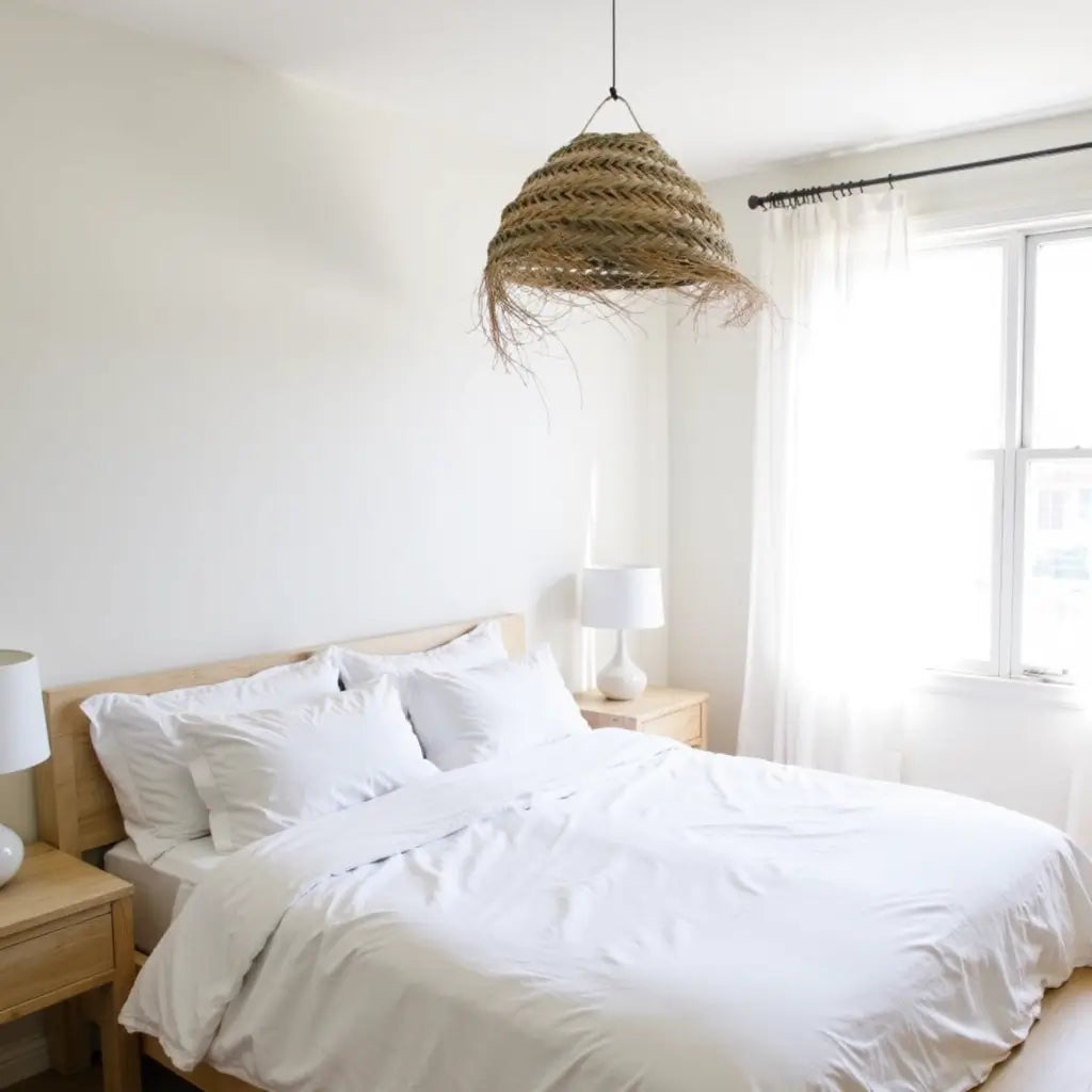 Handwoven Palm Leaf Dome Lampshade – Artisanal Boho Pendant Light image 6