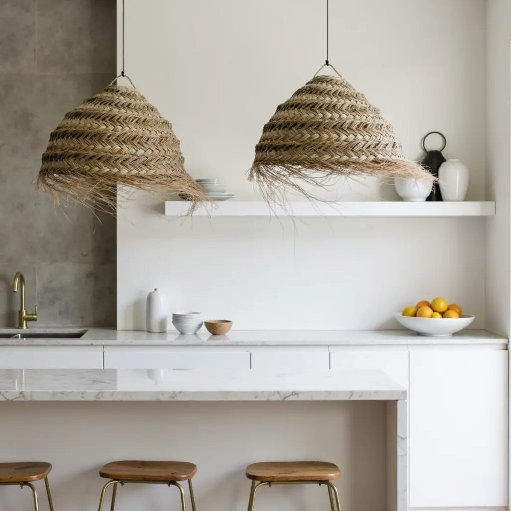 Handwoven Palm Leaf Dome Lampshade – Artisanal Boho Pendant Light image 4