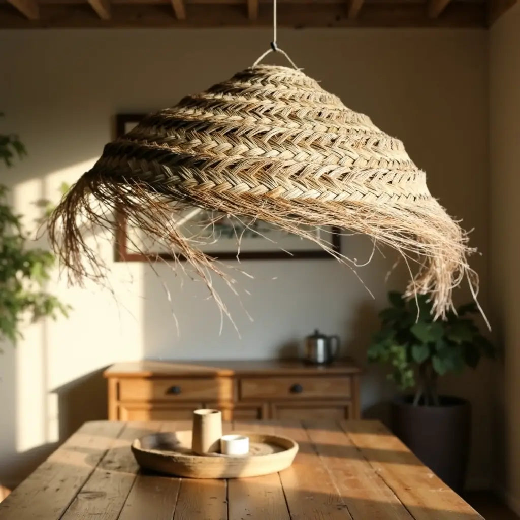 Handwoven Palm Leaf Dome Lampshade – Artisanal Boho Pendant Light image