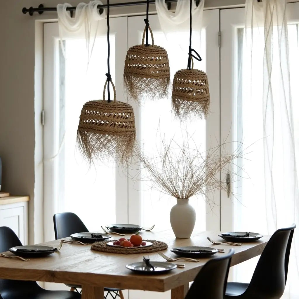 Handwoven Straw Pendant Light – Bohemian Hanging Lamp with Fringe image 7