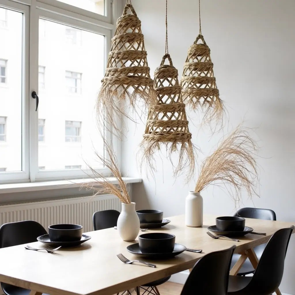 Handwoven Straw Pendant Light 17″ – Natural Fiber Lampshade with Fringe image 8