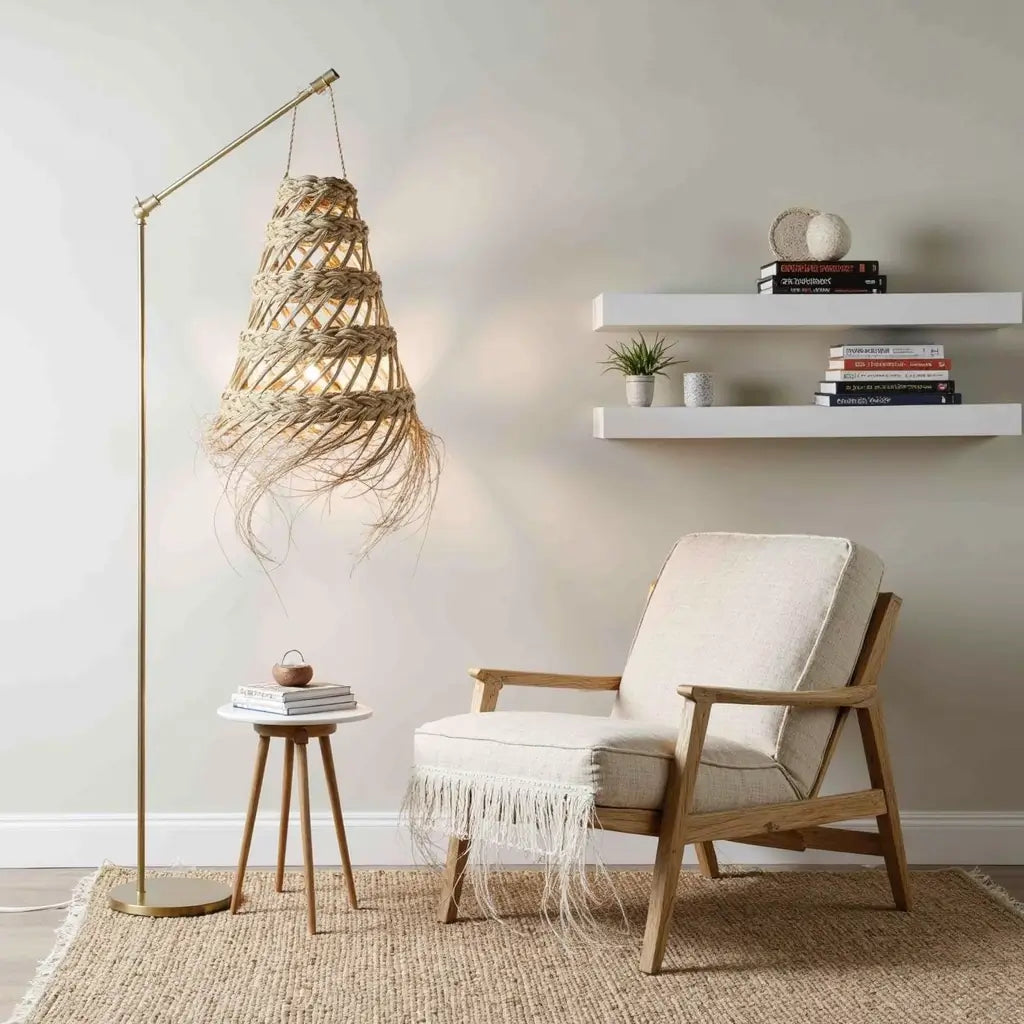 Handwoven Straw Pendant Light 17″ – Natural Fiber Lampshade with Fringe image 6