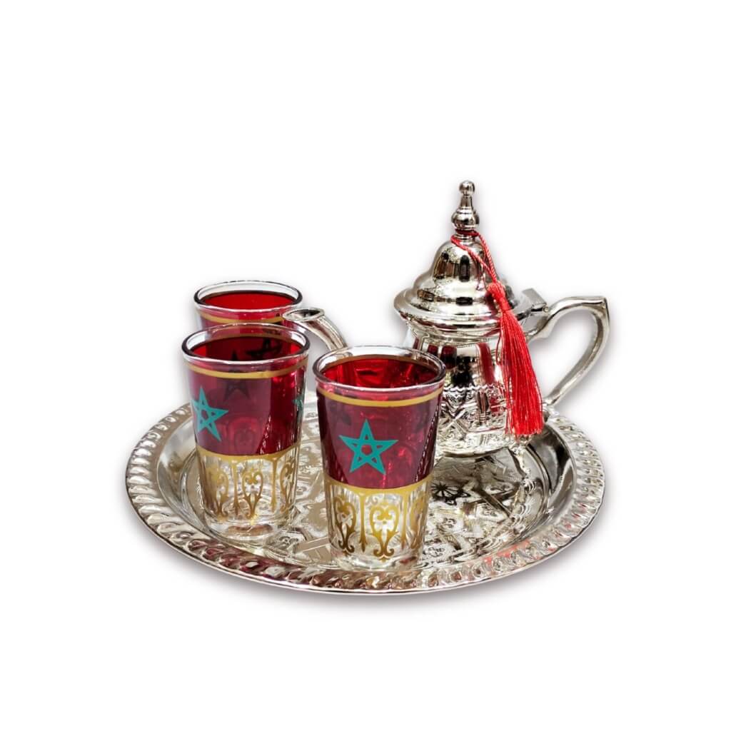 Silver-Plated Tea Set with Flag-Decorated Glasses – 5-Piece Service image