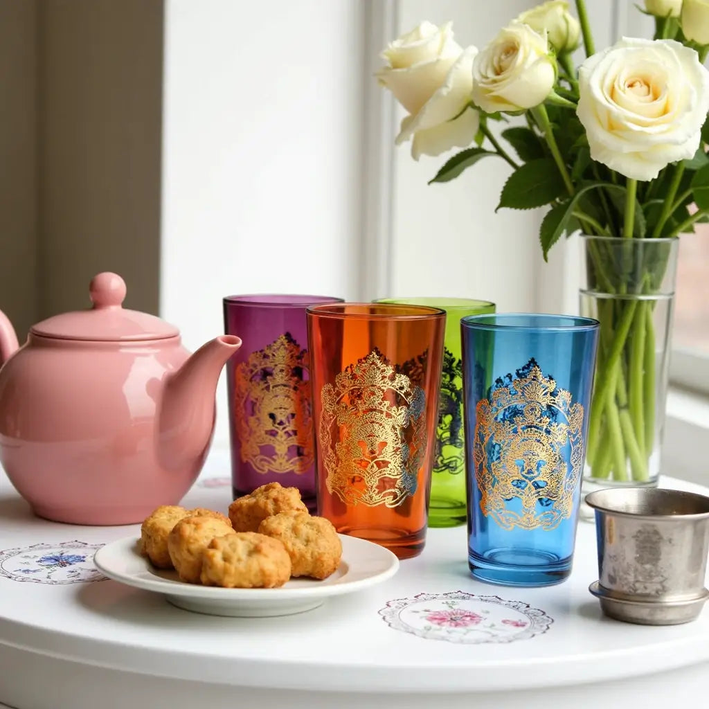 Royal Moroccan Tea Glasses Set – Multicolor with Gold Emblem (Set of 6) image