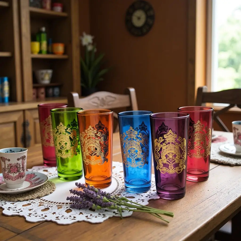 Royal Moroccan Tea Glasses Set – Multicolor with Gold Emblem (Set of 6) image 4