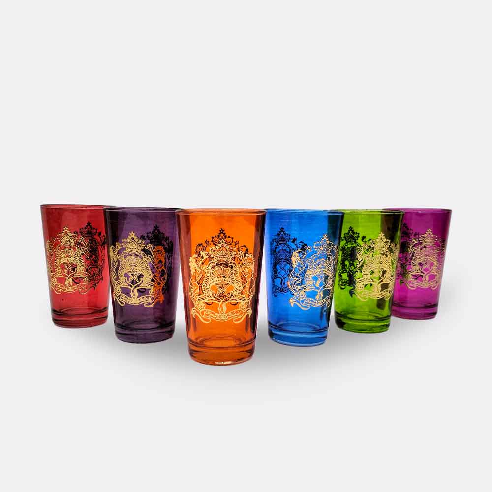 Royal Moroccan Tea Glasses Set – Multicolor with Gold Emblem (Set of 6) image