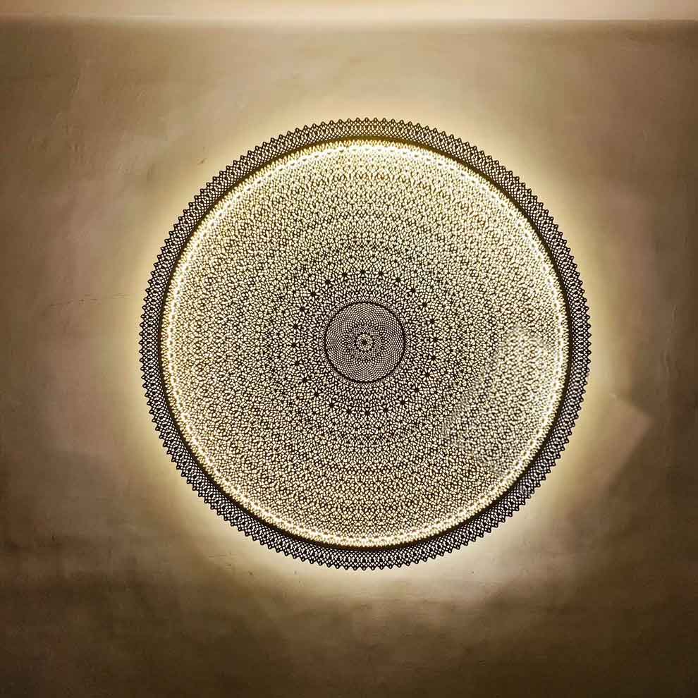 Round Brass Pendant Light Extra Large – Hand-Engraved Geometric Dome Shade image 8