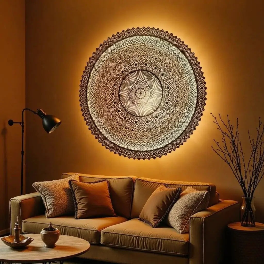 Round Brass Pendant Light Extra Large – Hand-Engraved Geometric Dome Shade image 5