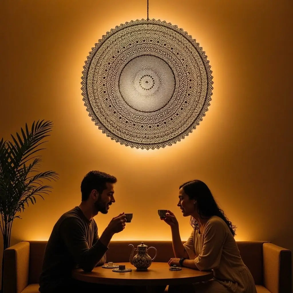 Round Brass Pendant Light Extra Large – Hand-Engraved Geometric Dome Shade image 6