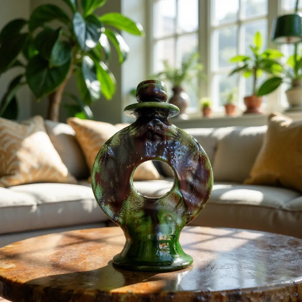 Handmade Round Green Pottery Candlestick from Tamegroute – 11.8″ image 3