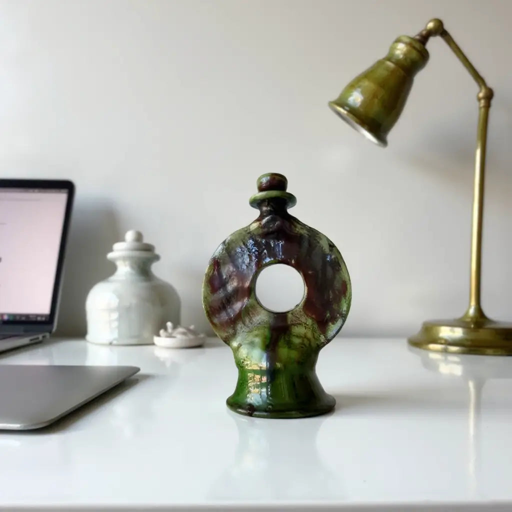 Handmade Round Green Pottery Candlestick from Tamegroute – 11.8″ image 2