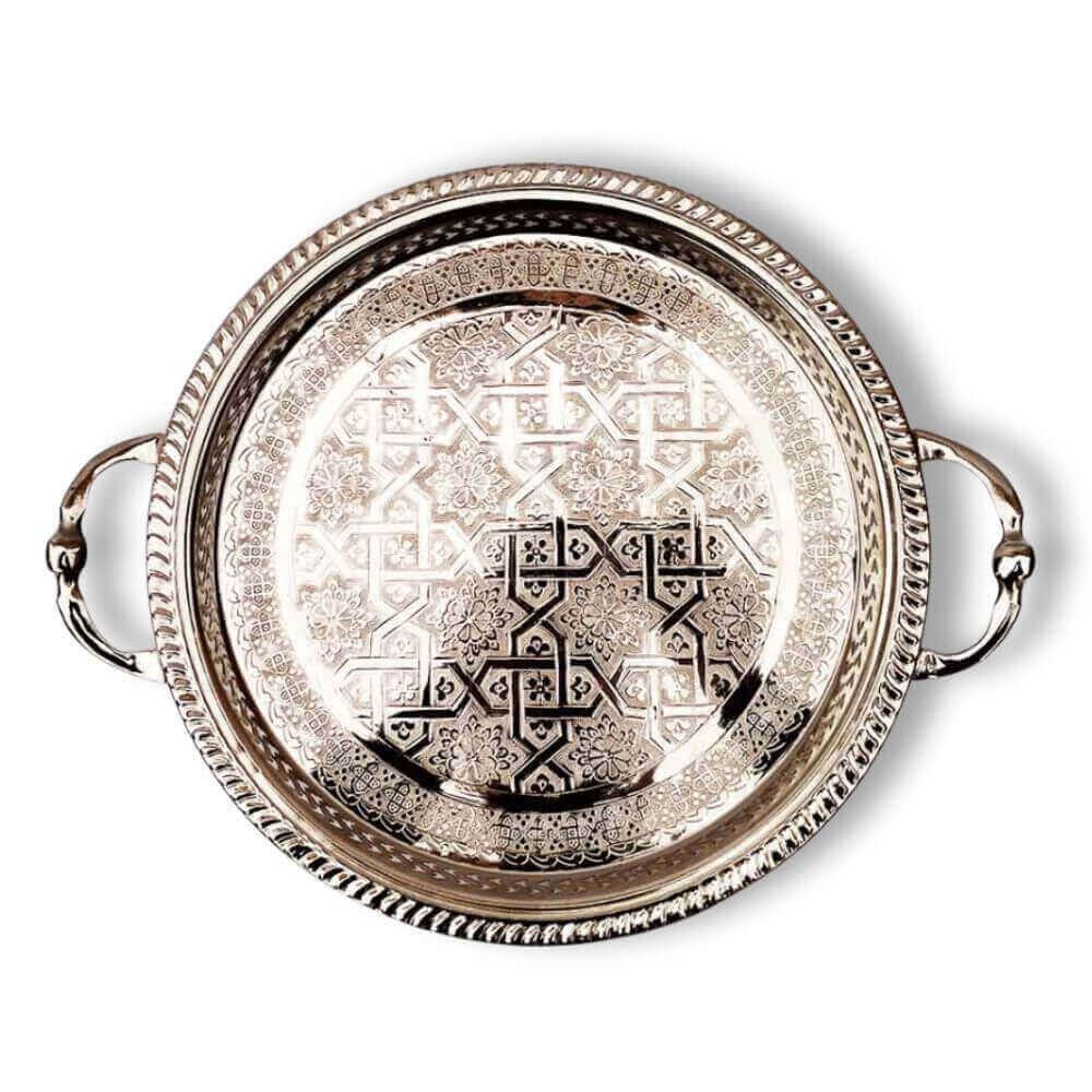Hand-Engraved Silver-Plated Brass Serving Tray with Geometric Inlay image 11