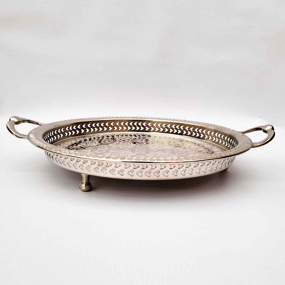 Hand-Engraved Silver-Plated Brass Serving Tray with Geometric Inlay image 12