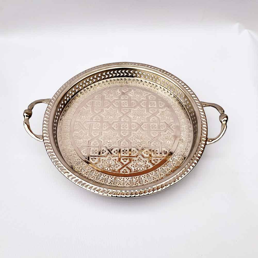 Hand-Engraved Silver-Plated Brass Serving Tray with Geometric Inlay image 14