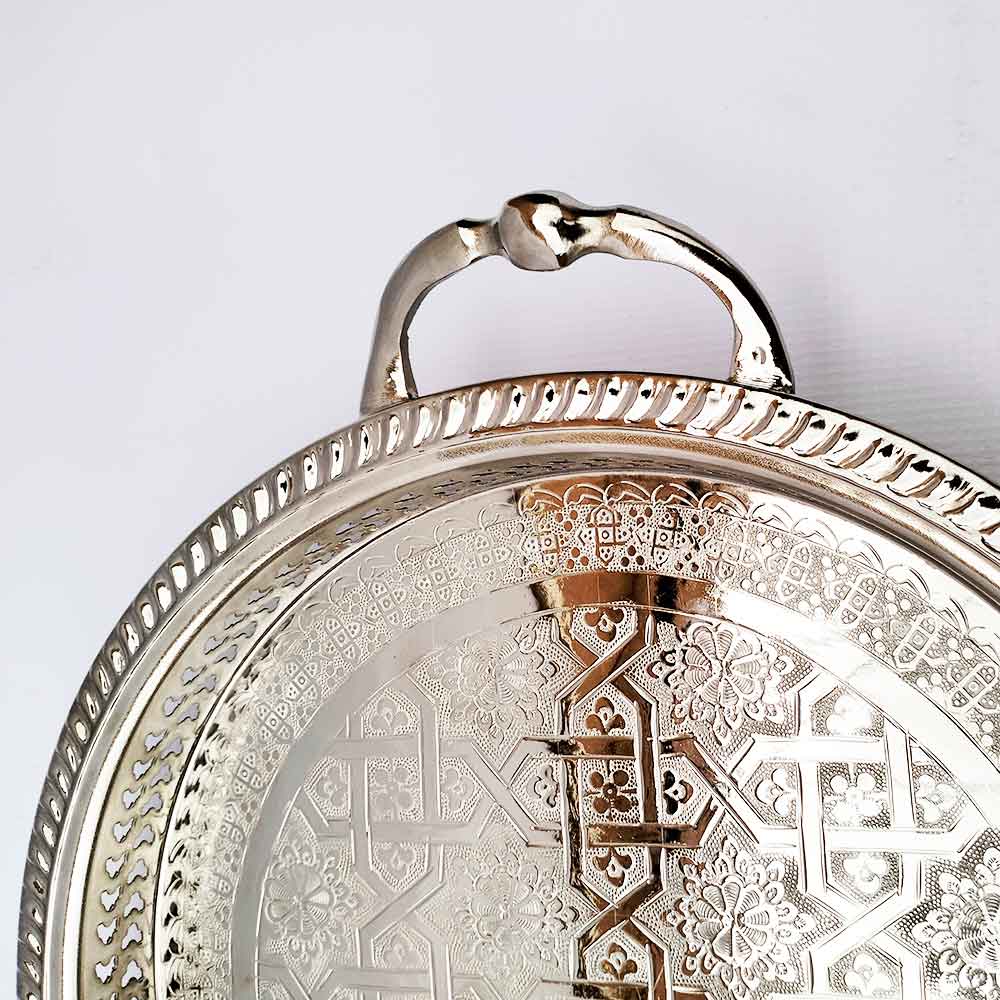 Hand-Engraved Silver-Plated Brass Serving Tray with Geometric Inlay image 15