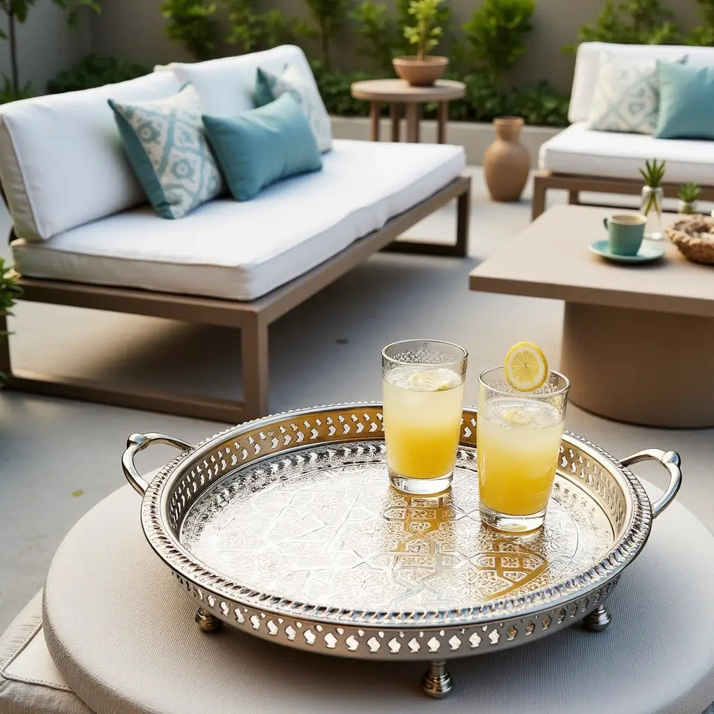 Hand-Engraved Silver-Plated Brass Serving Tray with Geometric Inlay image 4