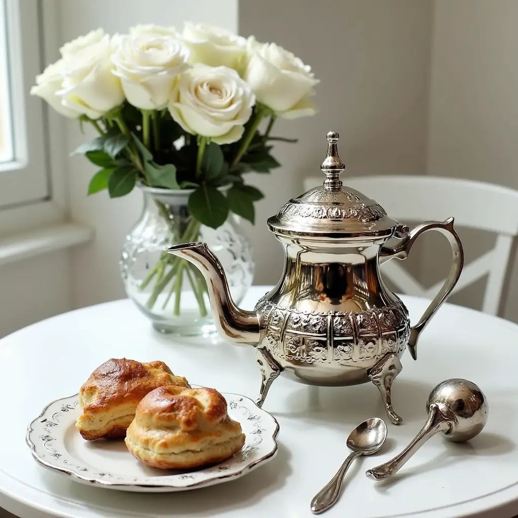 Silver Engraved Teapot – Handcrafted Brass Tea Service with Mirror Finish image 2