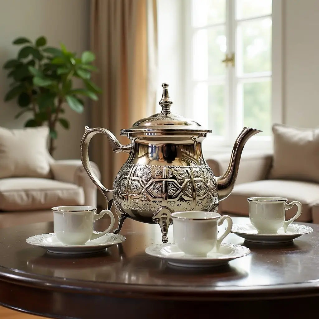 Silver Engraved Teapot – Handcrafted Brass Tea Service with Mirror Finish image 3