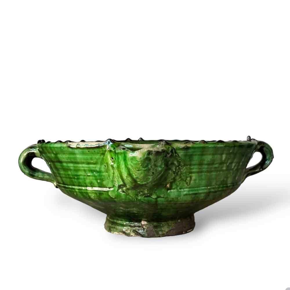 Handmade Tamegroute Green Ceramic Bowl with Handles – Large 12″ Serving Dish image