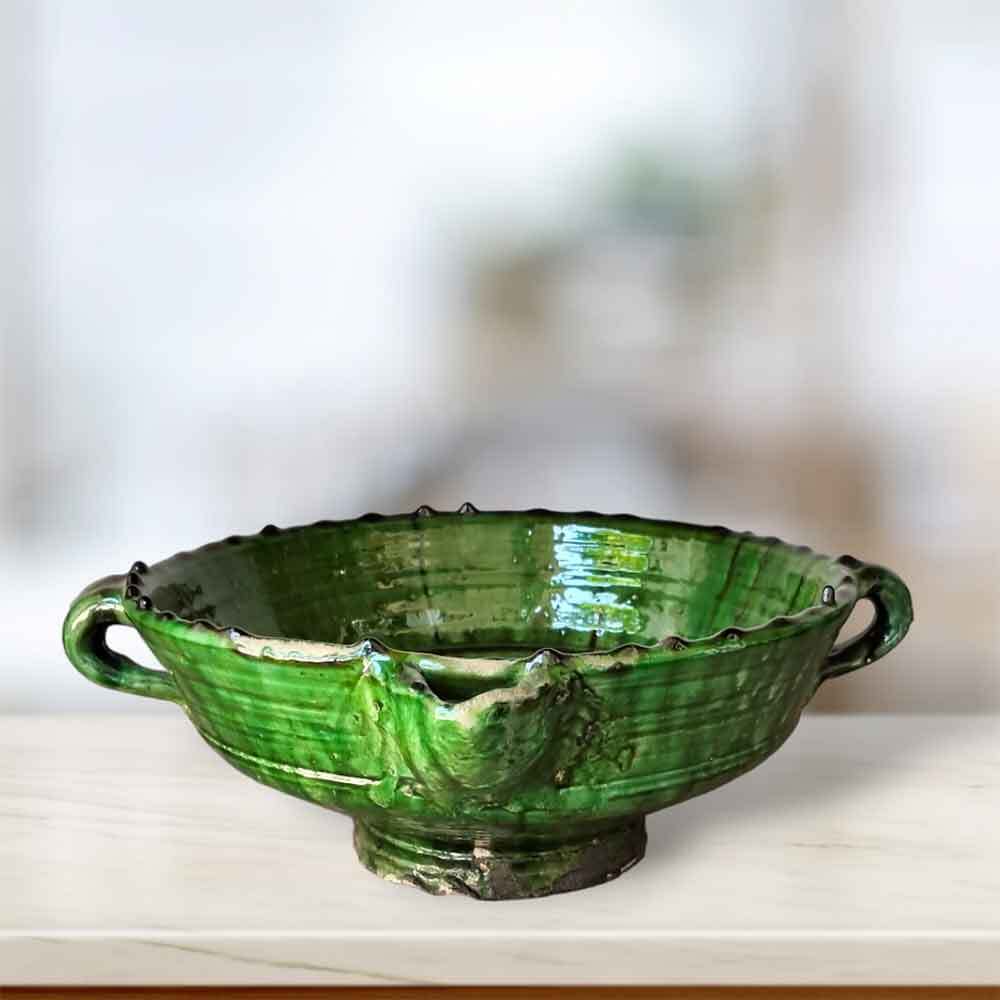 Handmade Tamegroute Green Ceramic Bowl with Handles – Large 12″ Serving Dish image