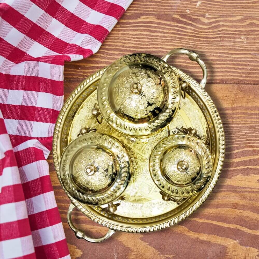 Hand-Engraved Brass Sugar Bowl Set – 4-Piece Collection with Serving Tray image 3