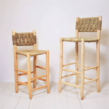 Handwoven Palm Leaf Bar Chair – Artisanal Lemon Wood Counter Stool image