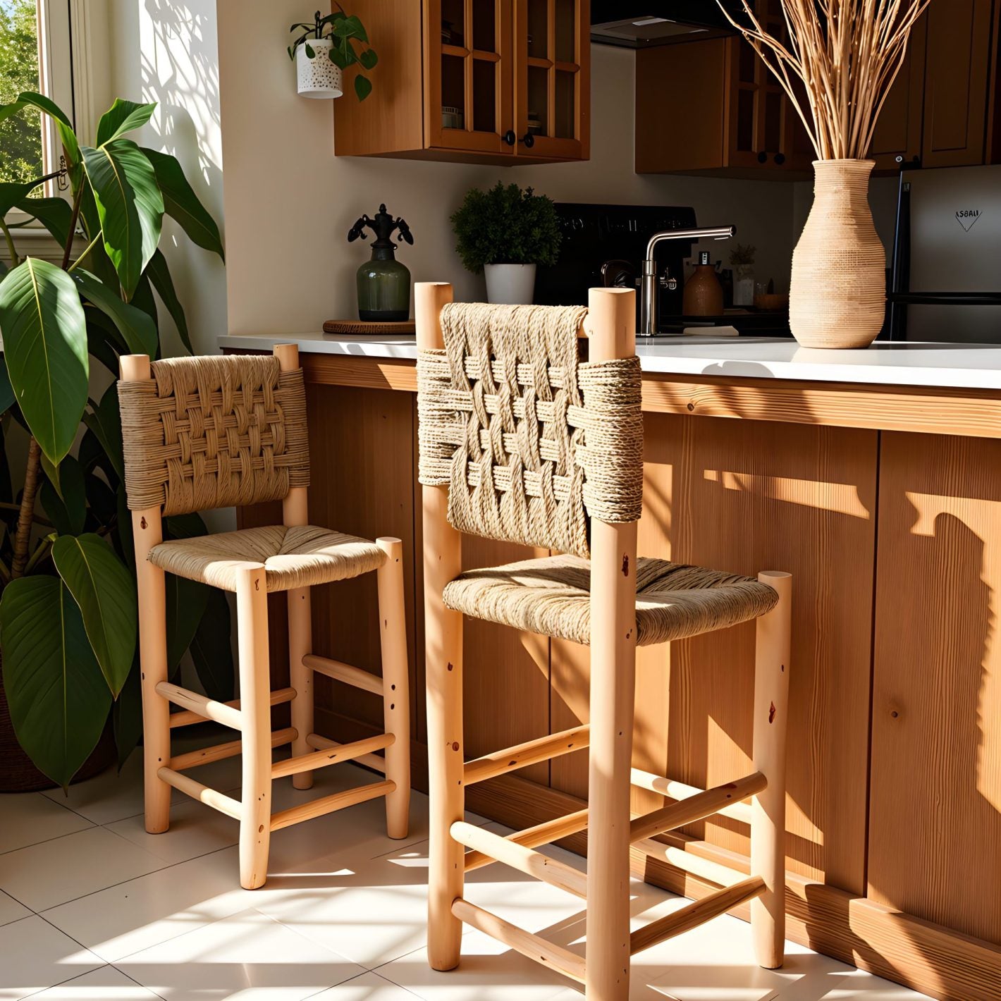 Handwoven Palm Leaf Bar Chair – Artisanal Lemon Wood Counter Stool image 2