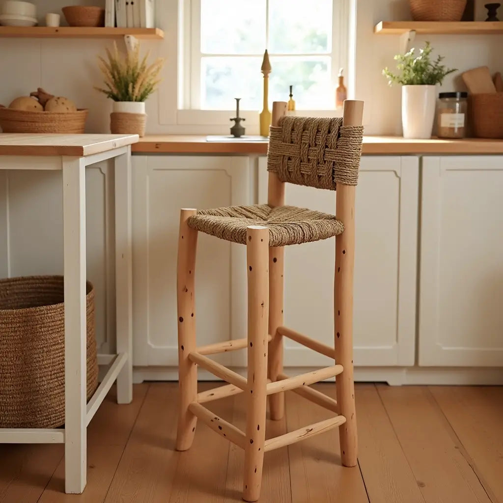 Handwoven Palm Leaf Bar Chair – Artisanal Lemon Wood Counter Stool image 3