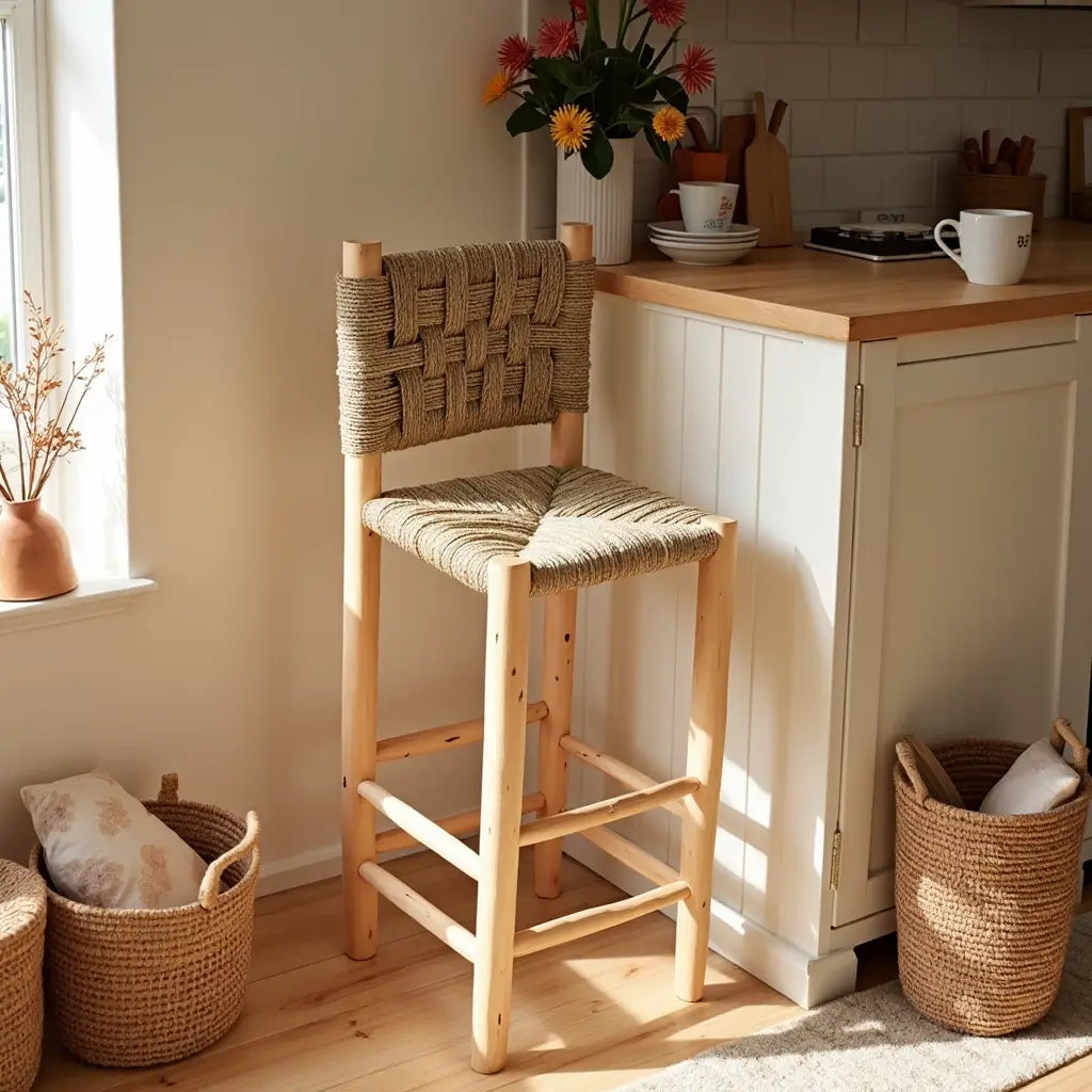 Handwoven Palm Leaf Bar Chair – Artisanal Lemon Wood Counter Stool image 4