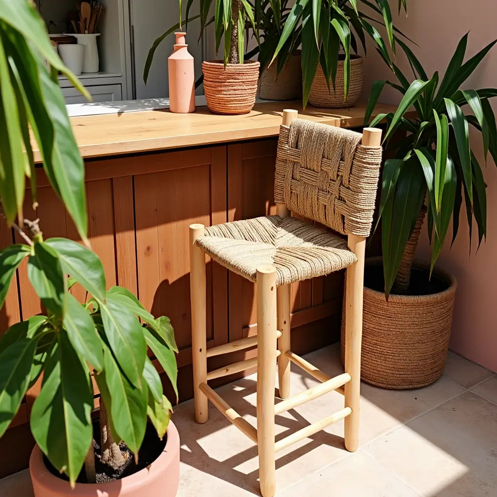 Handwoven Palm Leaf Bar Chair – Artisanal Lemon Wood Counter Stool image 5
