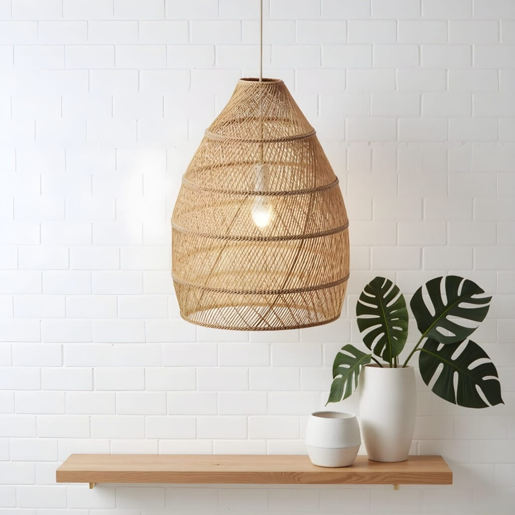 14″ Raffia Pendant Light – Handwoven Dome Lamp with Herringbone Pattern image