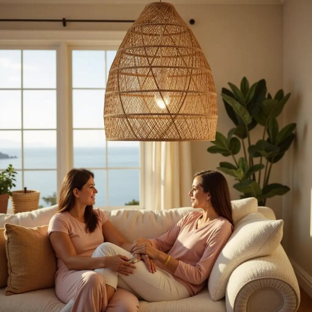 14″ Raffia Pendant Light – Handwoven Dome Lamp with Herringbone Pattern image