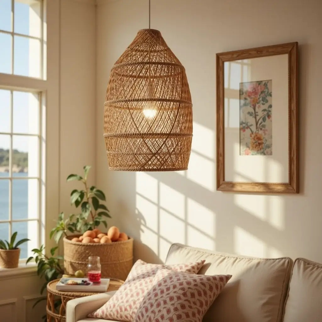 14″ Raffia Pendant Light – Handwoven Dome Lamp with Herringbone Pattern image 3
