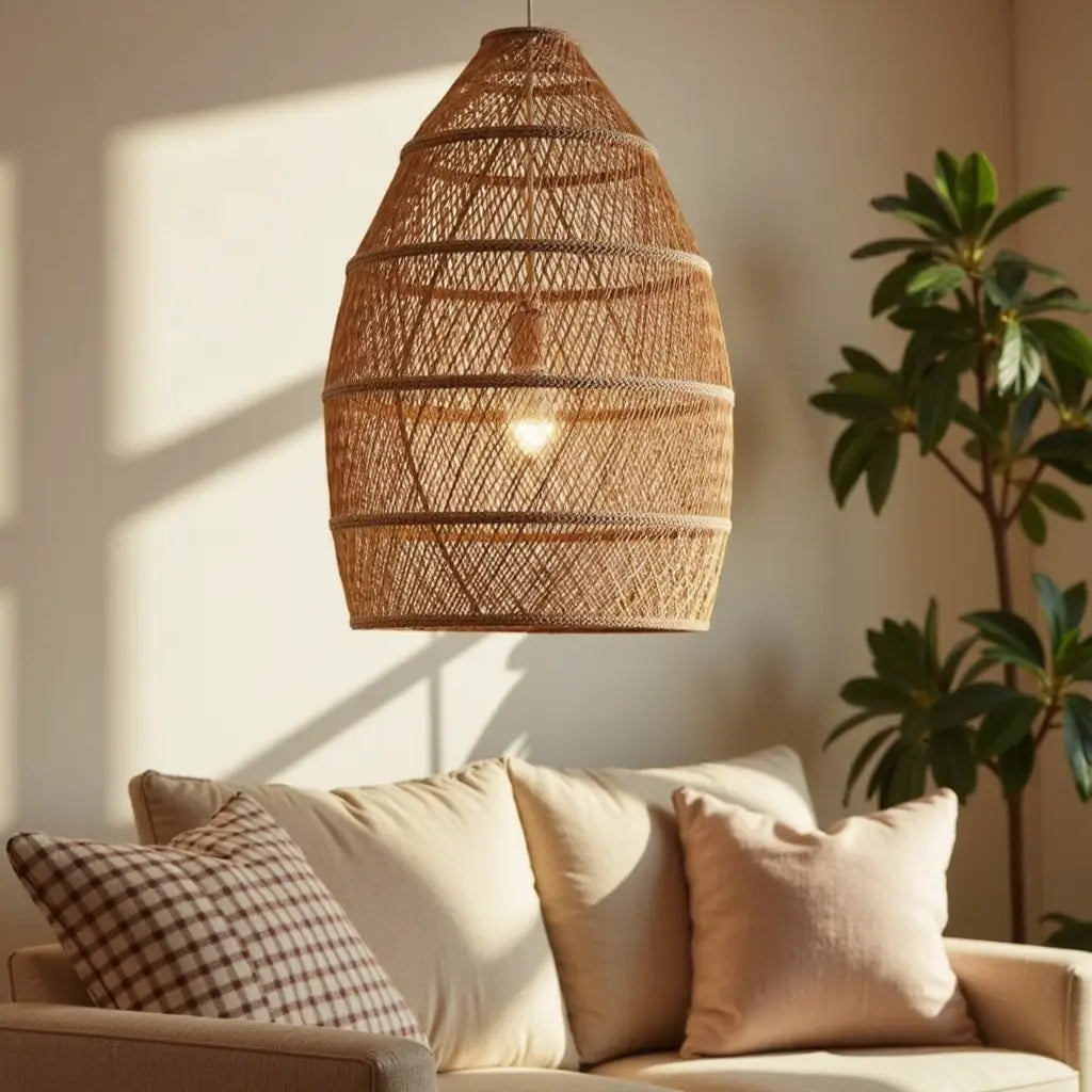 14″ Raffia Pendant Light – Handwoven Dome Lamp with Herringbone Pattern image 4