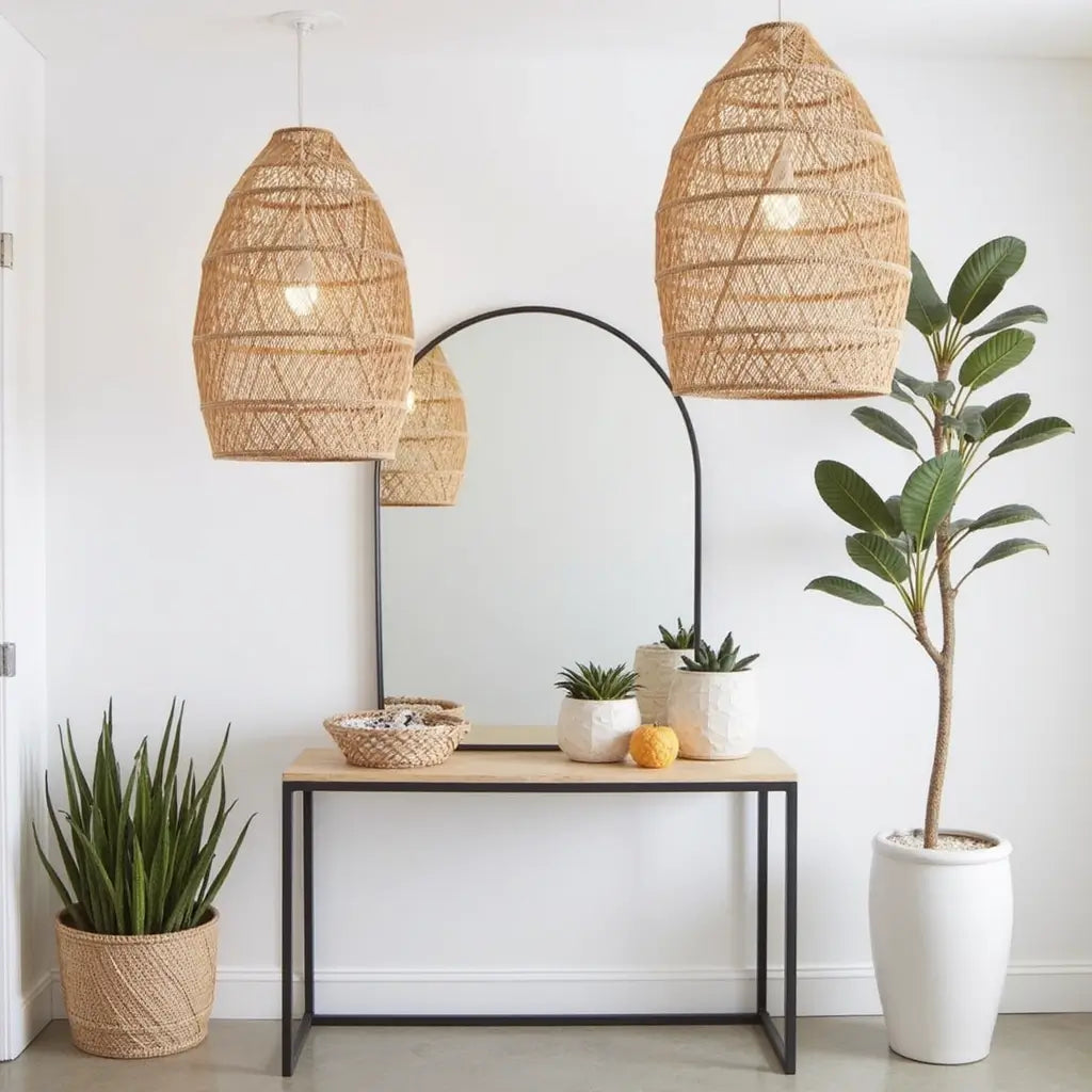 14″ Raffia Pendant Light – Handwoven Dome Lamp with Herringbone Pattern image 5