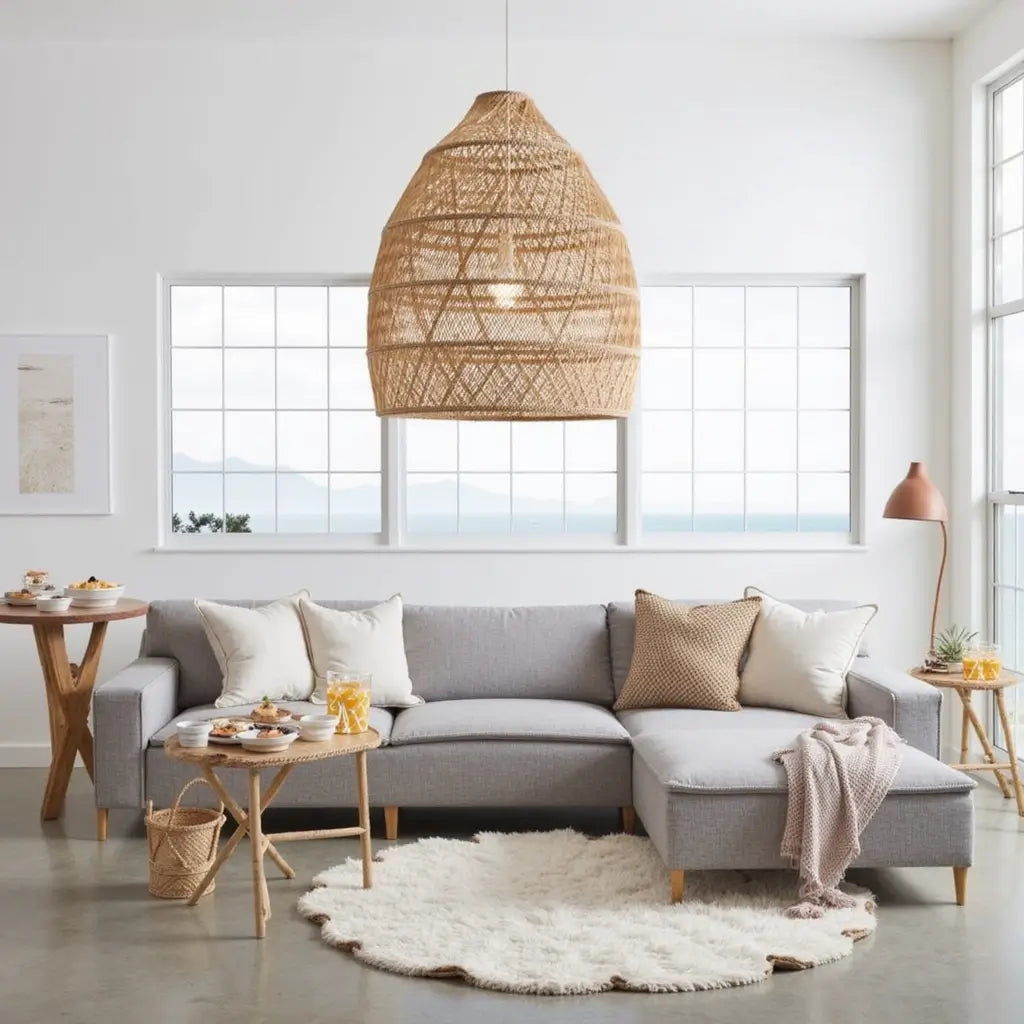 14″ Raffia Pendant Light – Handwoven Dome Lamp with Herringbone Pattern image 6