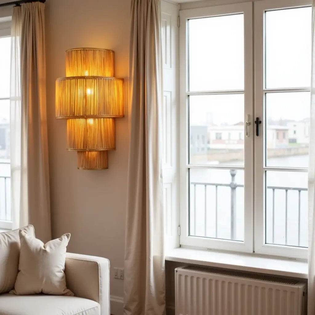 Tiered Raffia Wall Sconce 35cm – Handwoven Boho Layered Wall Lamp image