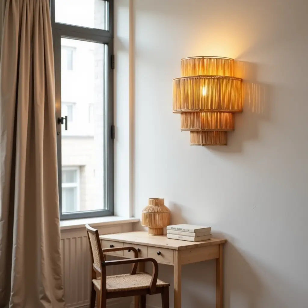 Tiered Raffia Wall Sconce 35cm – Handwoven Boho Layered Wall Lamp image 3