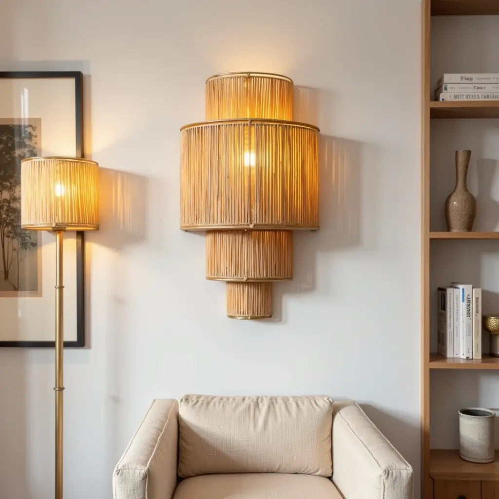 Tiered Raffia Wall Sconce 35cm – Handwoven Boho Layered Wall Lamp image 5