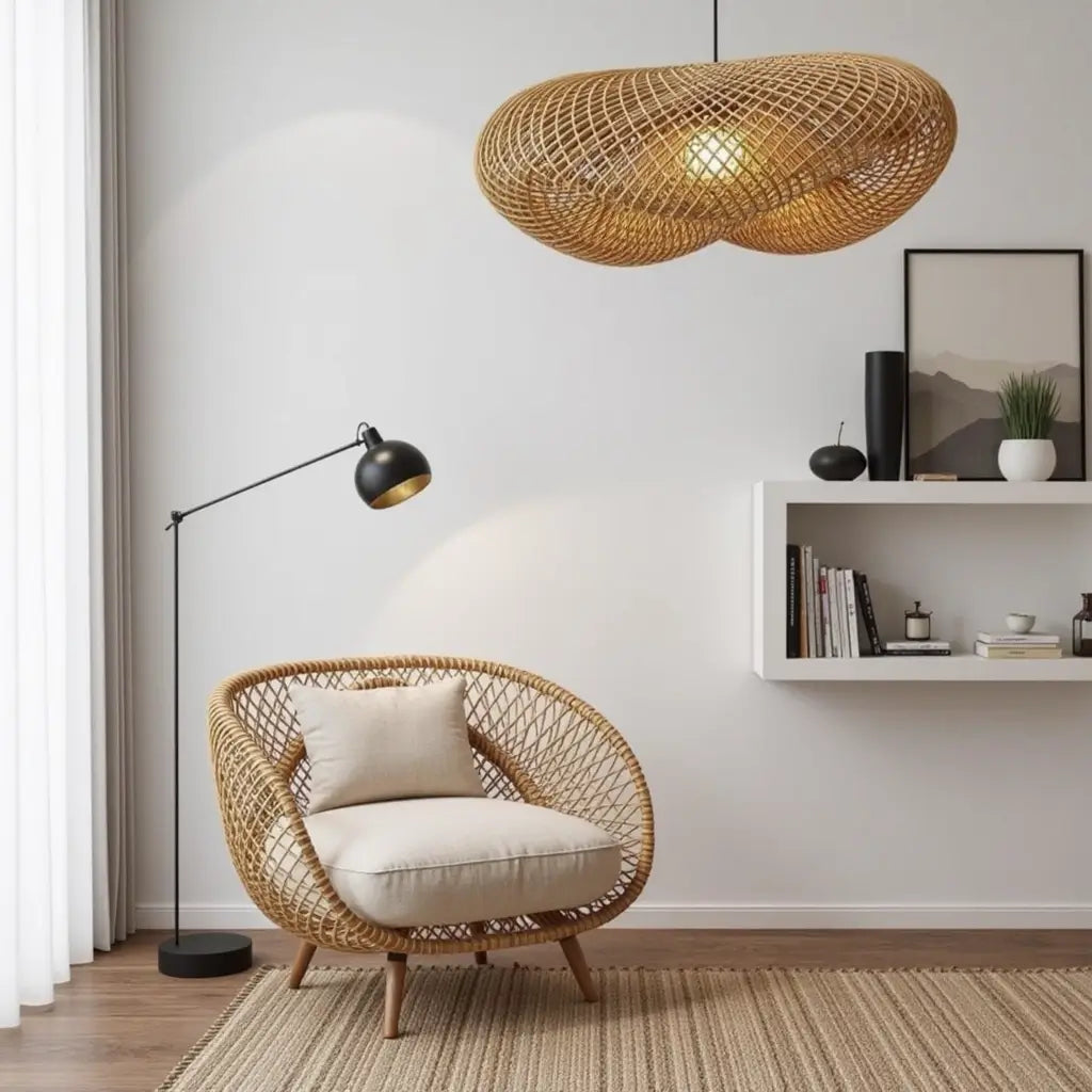 Handwoven Rattan Pendant Lamp – Organic Wave Design Natural Lighting image 6