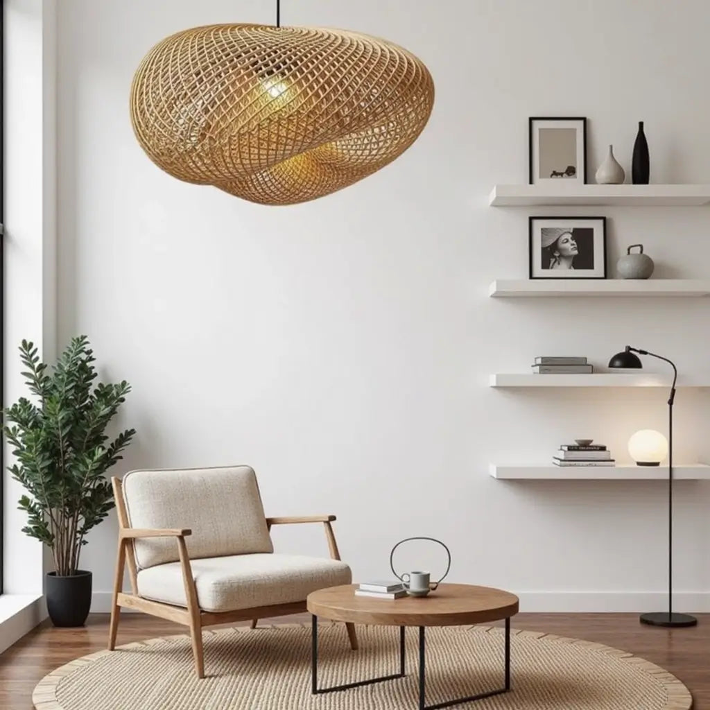 Handwoven Rattan Pendant Lamp – Organic Wave Design Natural Lighting image 7