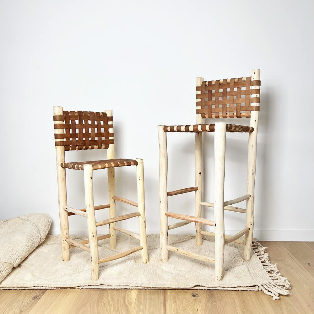 Handwoven Leather Bar Stool – Moroccan Cowhide Counter Chair image