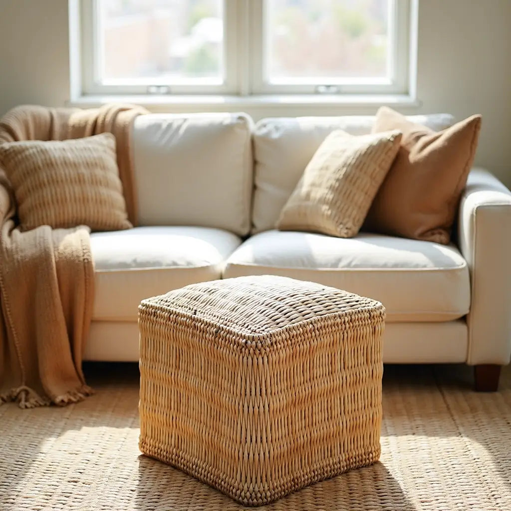 Handwoven Square Straw Ottoman Pouf – Natural Fiber Indoor/Outdoor Footstool image 5