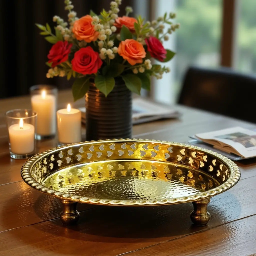 Hand Hammered Circle Tray with Feet – Traditional Silver-Plated Brass image 14