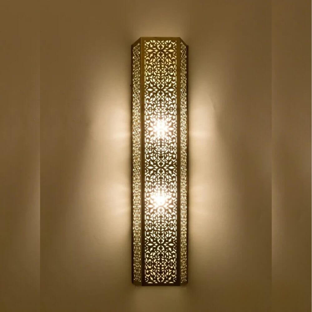 Brass Wall Light 25.5″ – Hand-Engraved Hexagonal Sconce with Filigree image