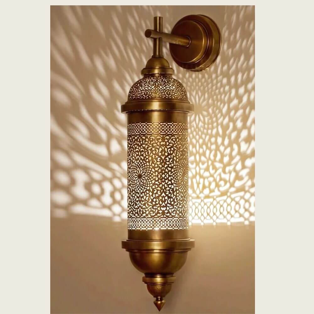 Brass Wall Sconce 17.5″ – Hand-Engraved Cylindrical Lantern with Floral Filigree image 2