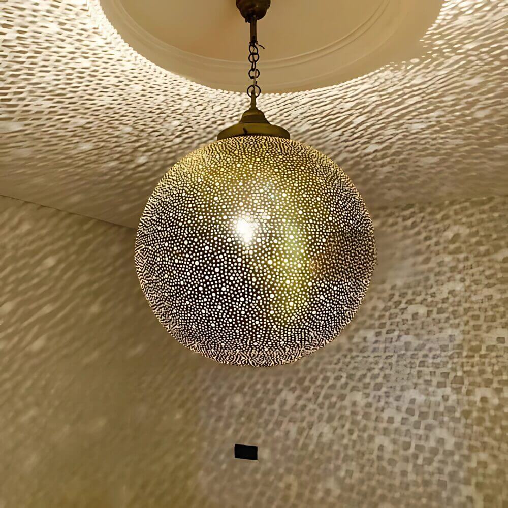 Engraved Brass Globe Pendant – Hand-Perforated Moroccan Sphere Light image