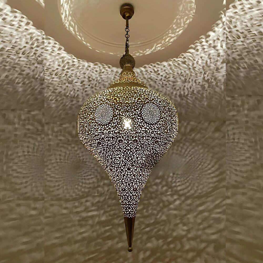 Brass Teardrop Pendant Light 39″ – Hand-Pierced Palace Ceiling Lamp image